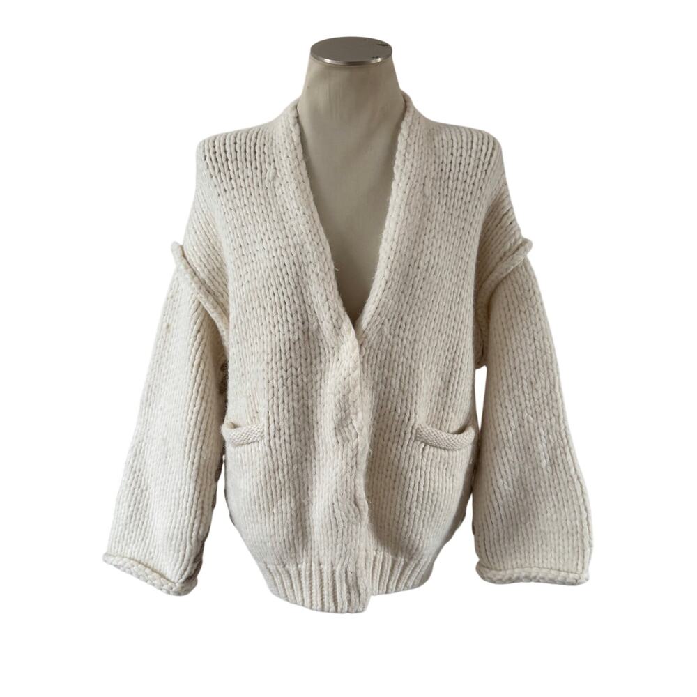 Lunya Cream Wool Chunky Knit Cardigan Sweater Sz M Pocket Snap Button